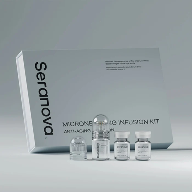 Seranova microneedling infusion kit with vials and applicator on display.