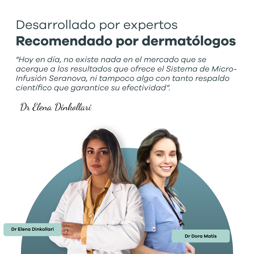Two women in medical attire with text in Spanish about dermatology.