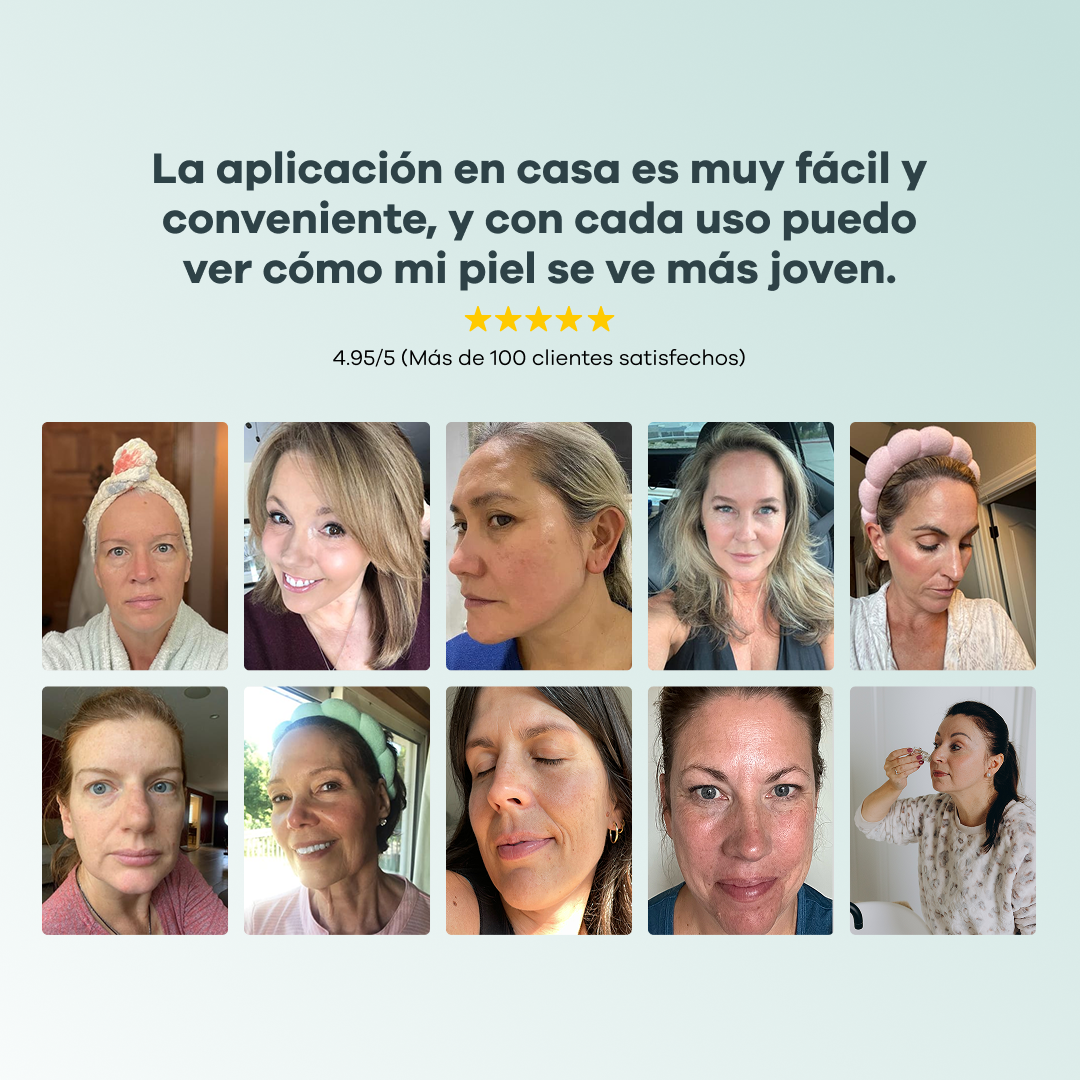 Collage of ten women with various facial expressions and a testimonial in Spanish above.
