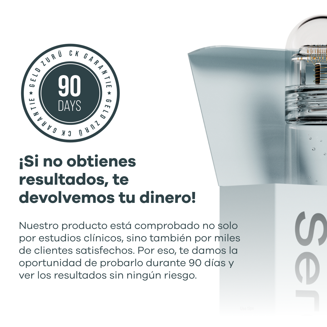 Product guarantee text in Spanish with a 90-day money-back seal.