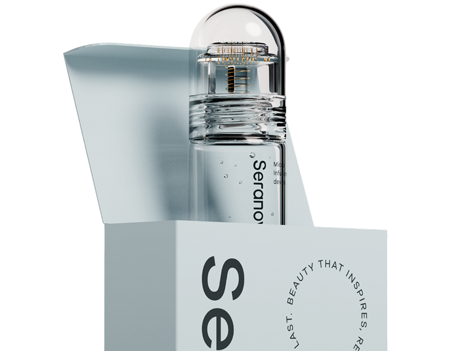 A clear container with a rounded top, partially inside a light blue box.