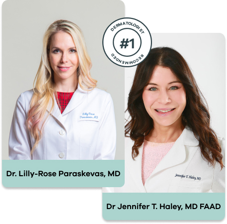 Two female doctors in white coats with a '#1 Dermatologist Recommended' badge.
