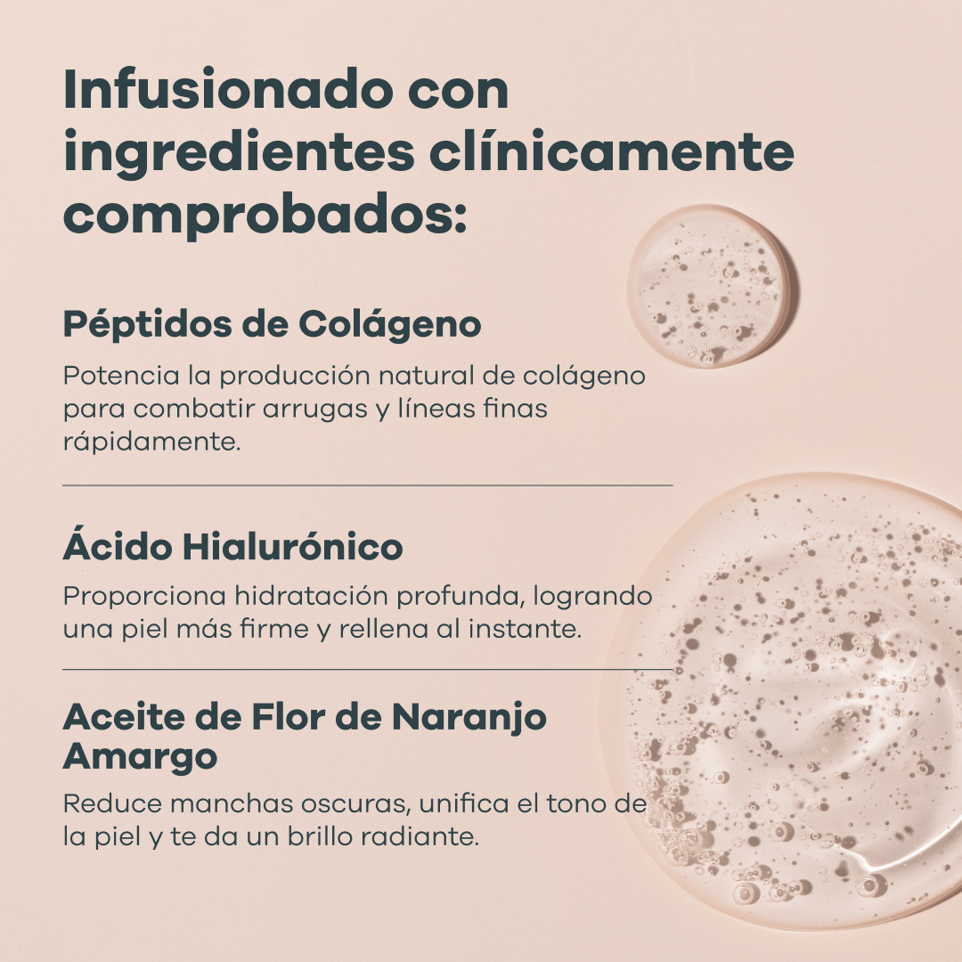 Text in Spanish about skincare ingredients with decorative liquid textures.