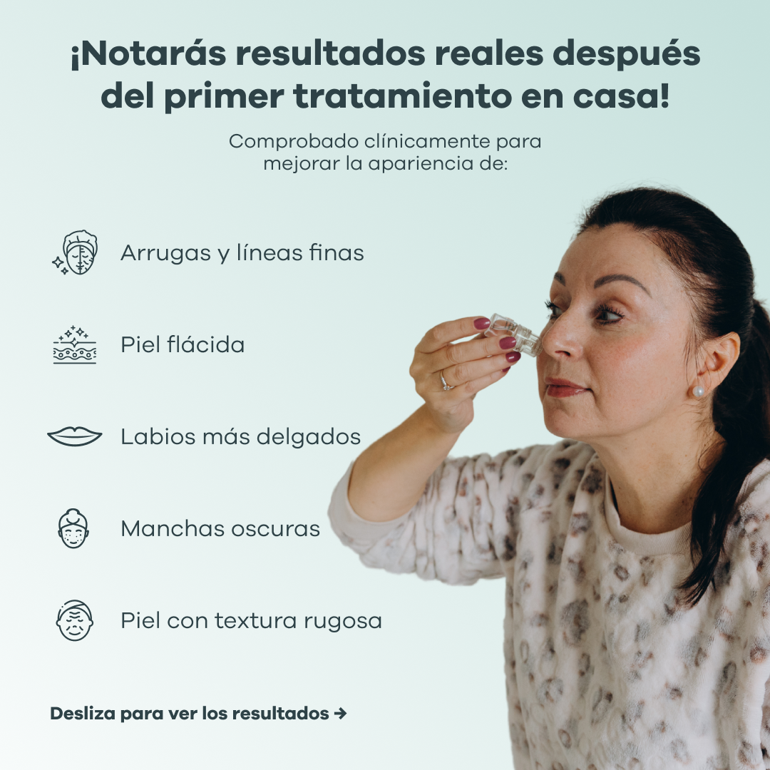 Woman applying skincare product with text about treatment benefits.