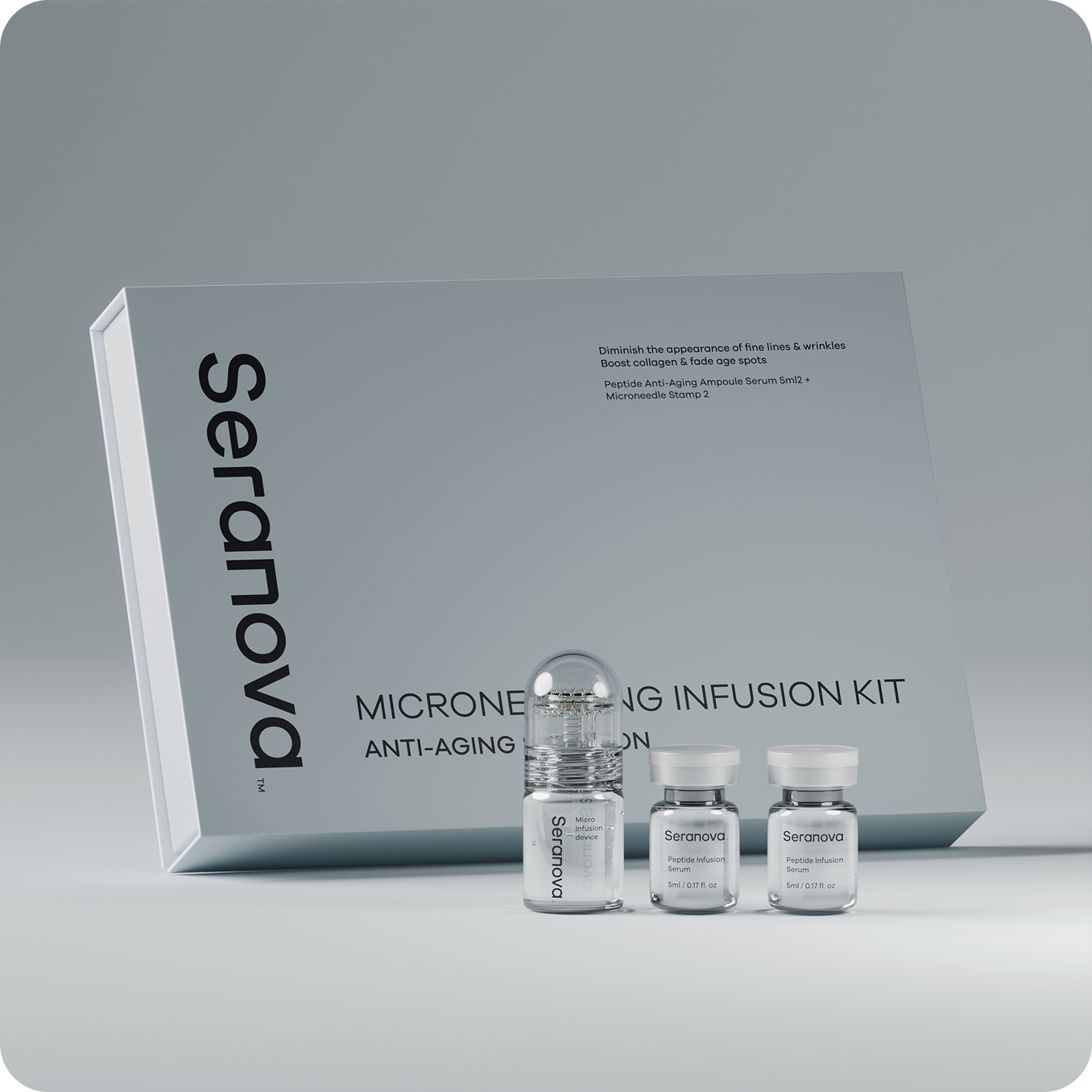 Microneedling infusion kit with a box and three product containers labeled Seranova.