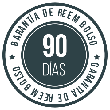 Circular badge with '90 DÍAS GARANTÍA DE REEMBOLSO' text.