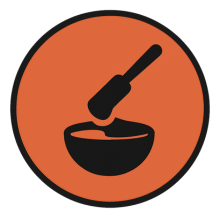 Icon of a bowl with a spatula on an orange background.
