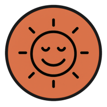 Smiling sun icon with rays on an orange circular background.