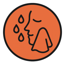 Icon of a face with a tissue and droplets on an orange background.