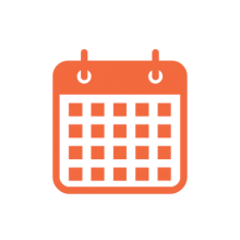 Red calendar icon with grid and two rings on top.