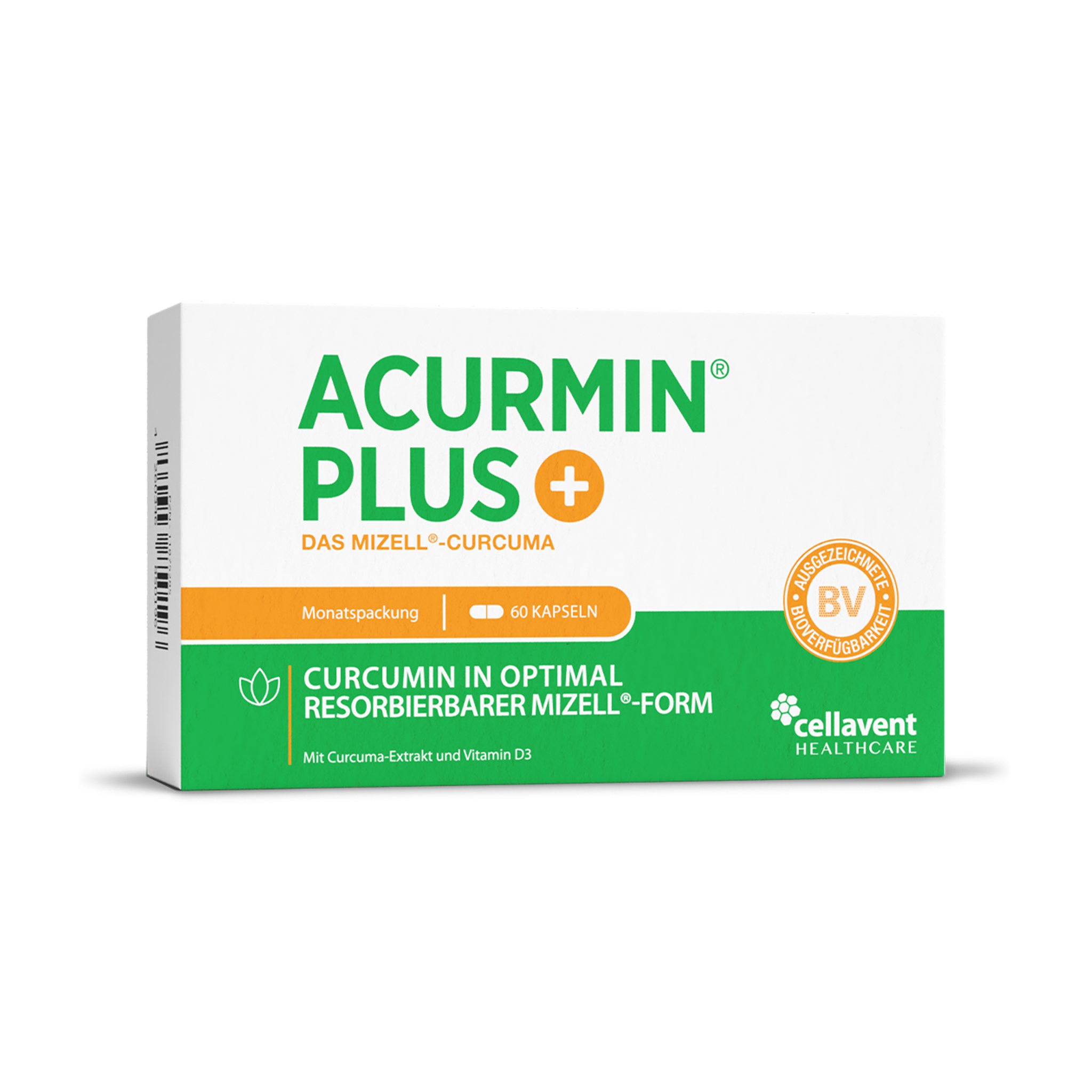 Box of Acurmin Plus capsules with green and orange design.