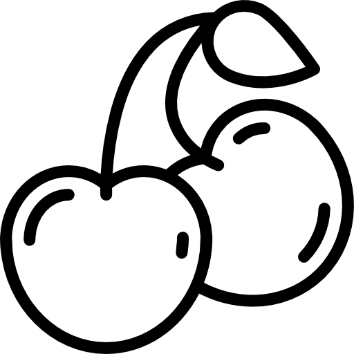 Outline of two cherries with a leaf.