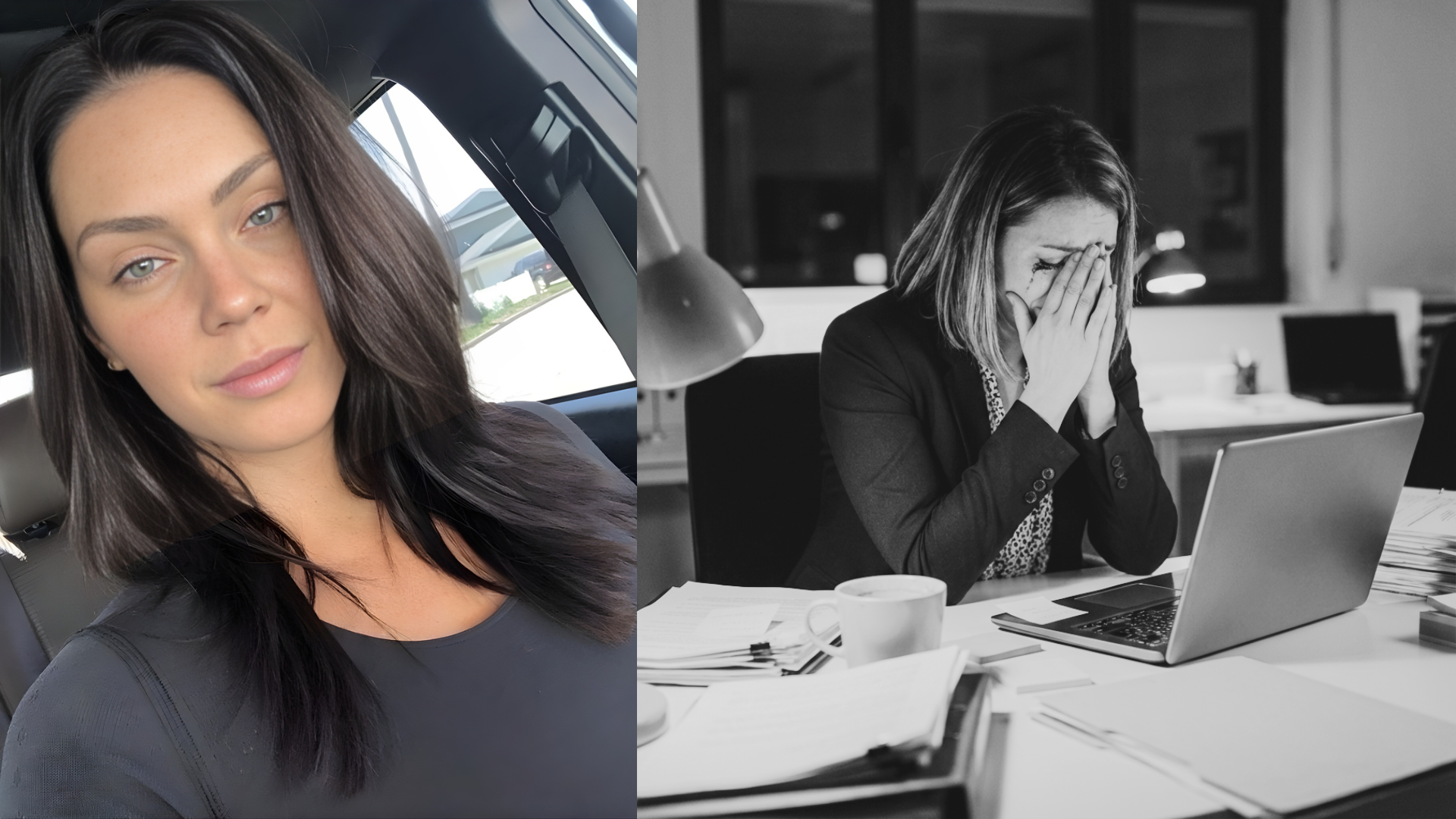 Collage of a woman in a car and another distressed at a desk with a laptop.