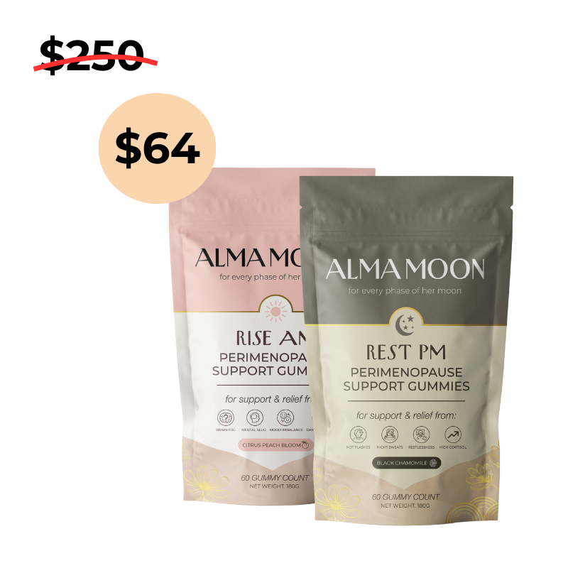 Two packages of Alma Moon perimenopause support gummies with a discounted price tag.