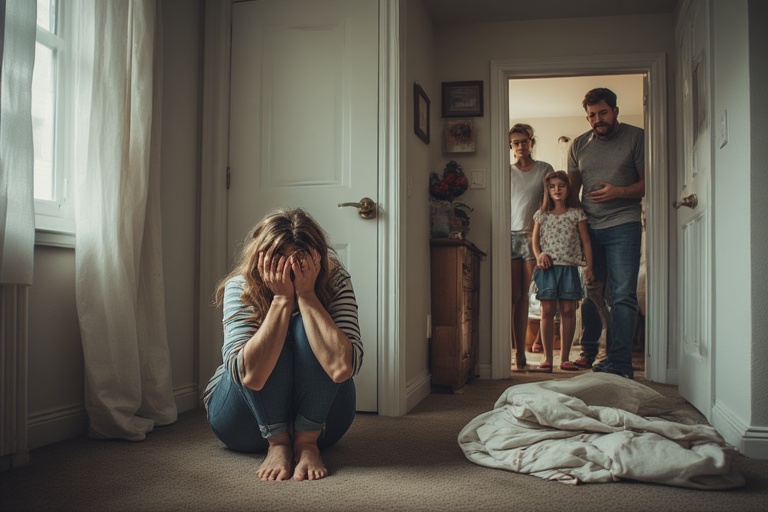 A woman sitting on the floor with hands on her face, family in the doorway.