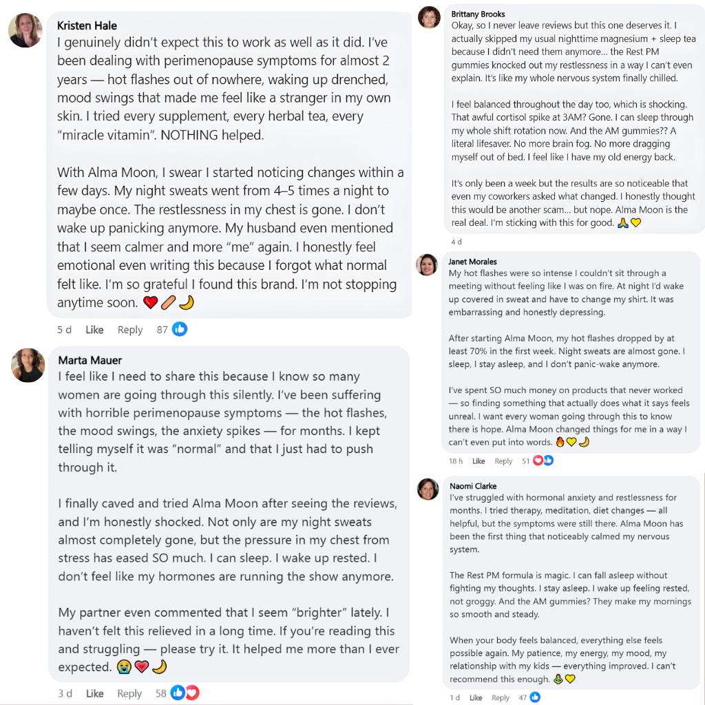 Six individual stories recounting experiences with a product called Alma Moon for perimenopause symptoms.