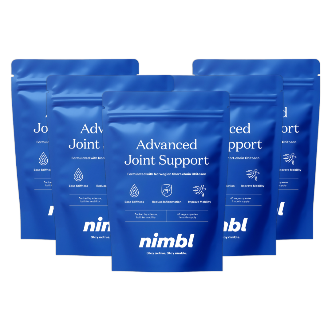 Five blue pouches labeled 'Advanced Joint Support' displayed against a black background.