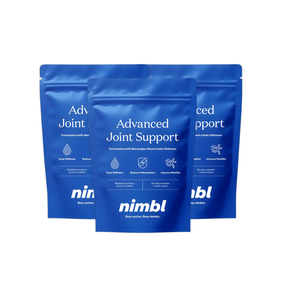 Three blue bags labeled 'Advanced Joint Support' with text and icons.