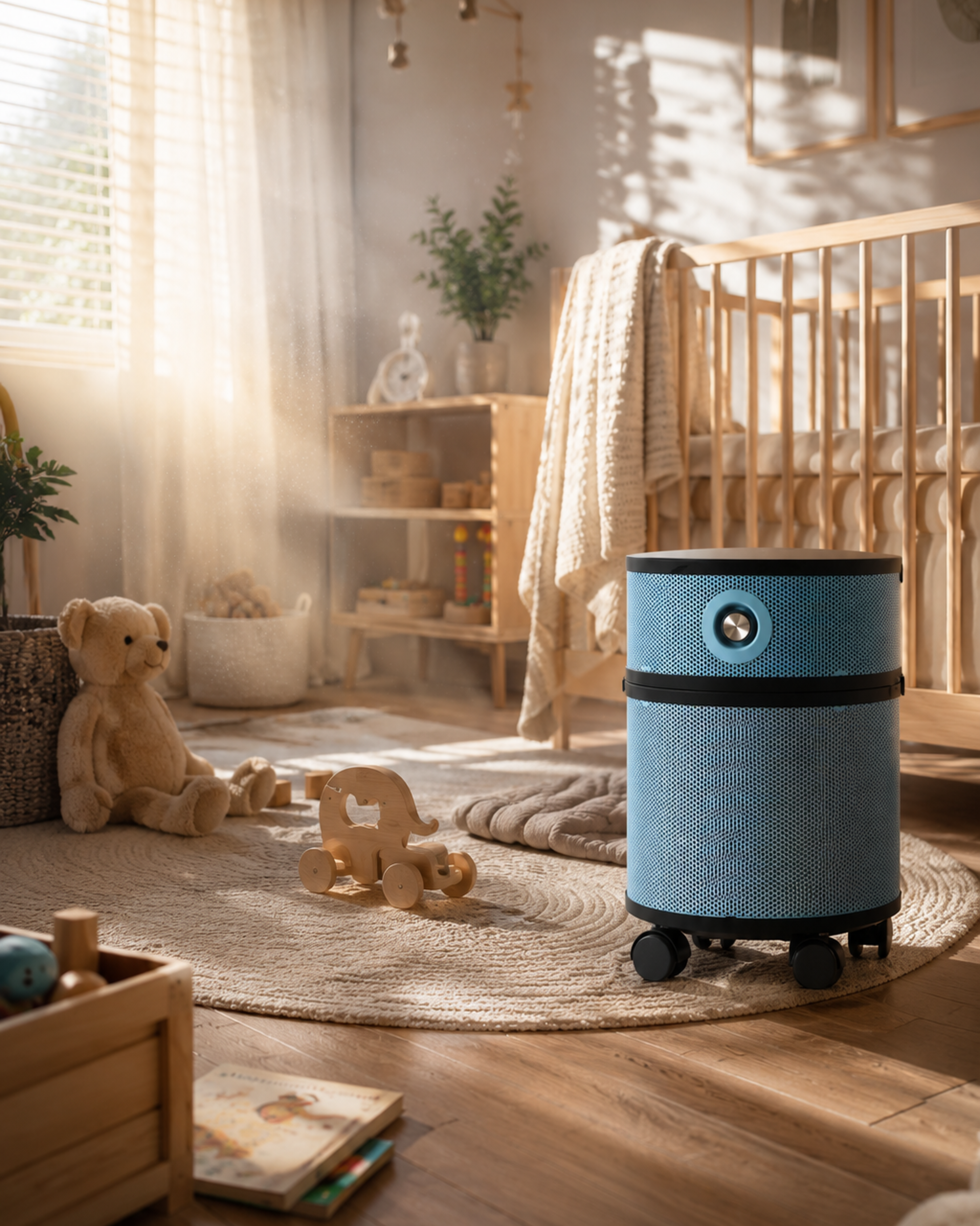 A blue air purifier on wheels in a sunlit nursery next to a wooden crib and toys.