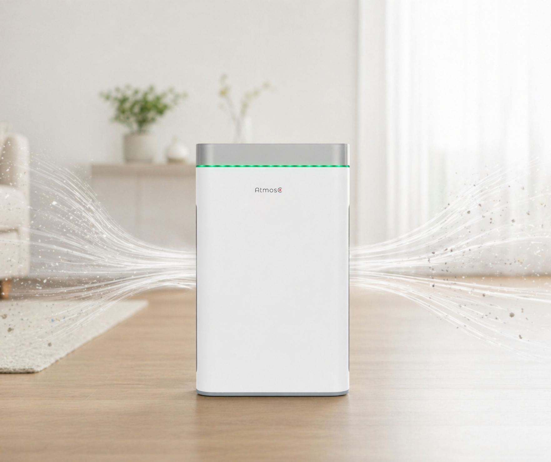 A white Atmos air purifier on a wooden floor, with graphics showing it pulling in dusty air.