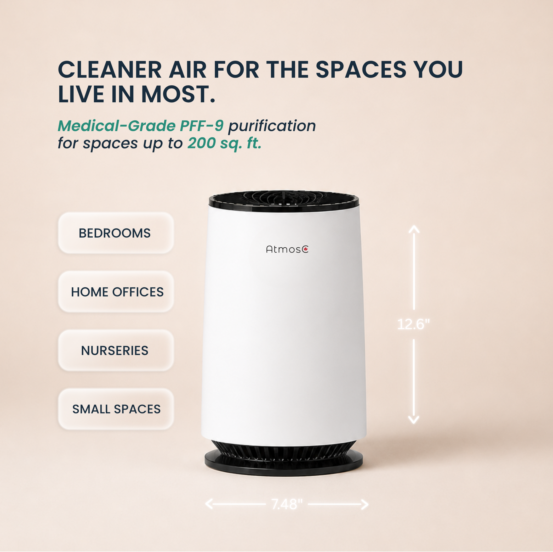 A white and black cylindrical air purifier with text describing its features and dimensions.