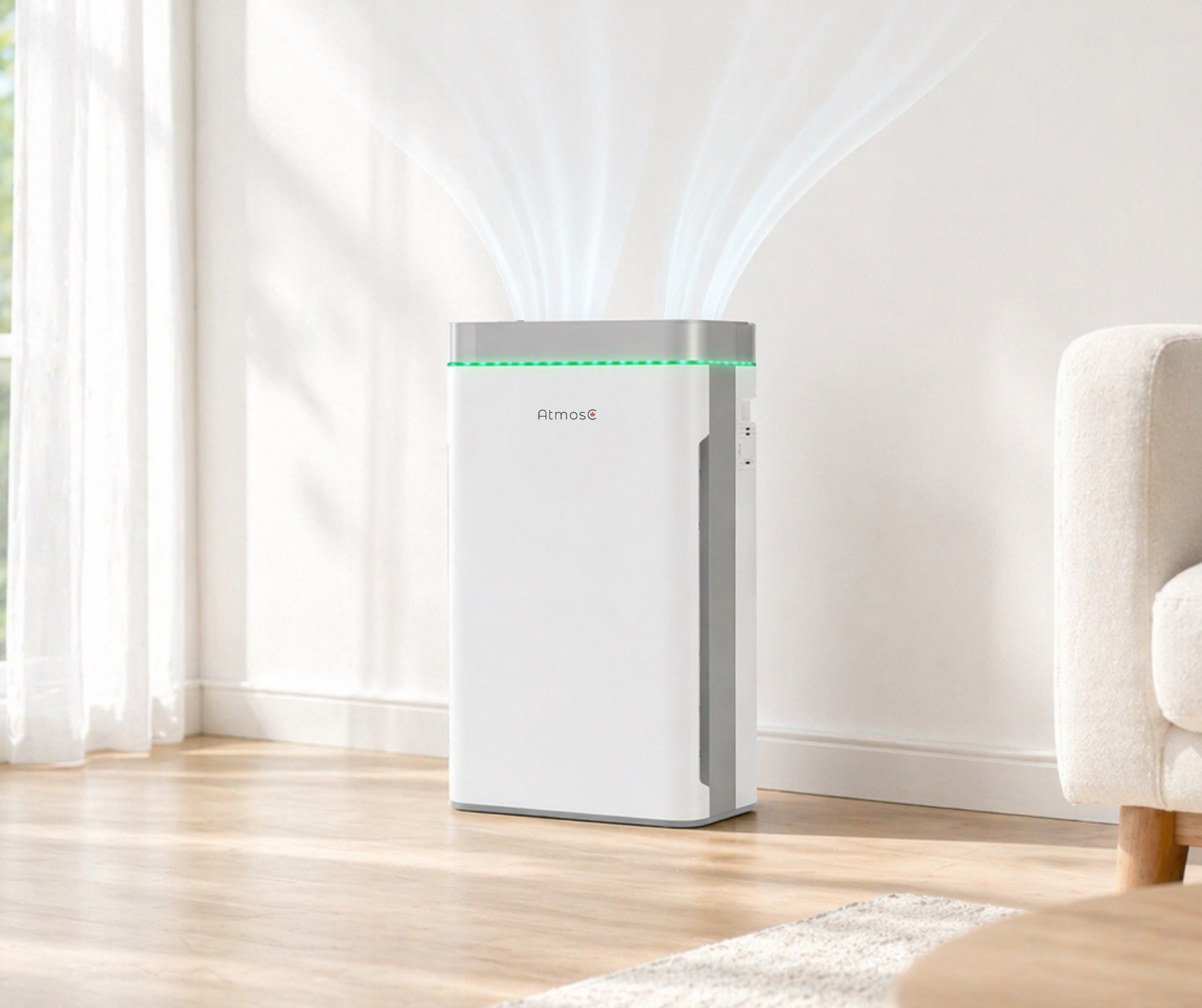 A white and grey air purifier with a green light sits on a hardwood floor, emitting clean air.