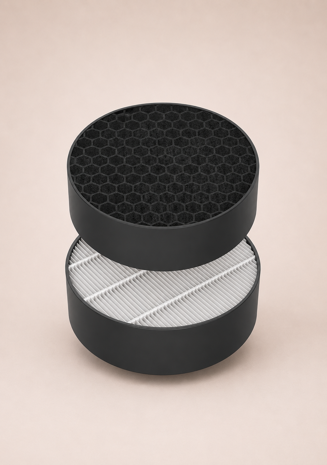 Two round air filter components, a carbon honeycomb filter and a white pleated filter, stacked vertically.