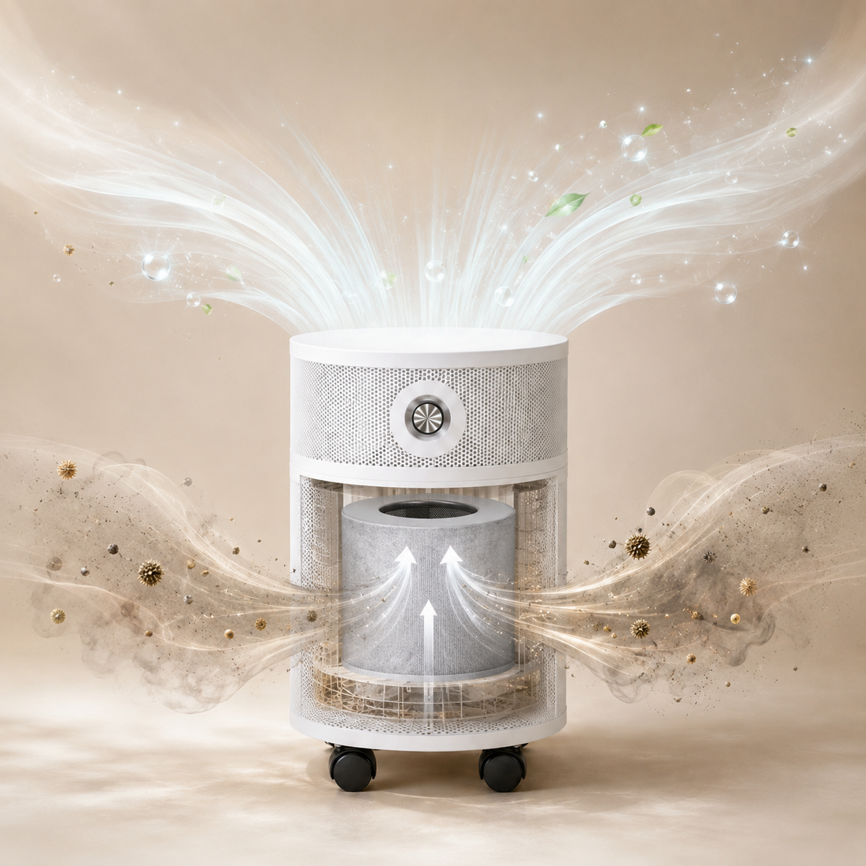 A cutaway view of an air purifier filtering dusty air and releasing clean air from the top.