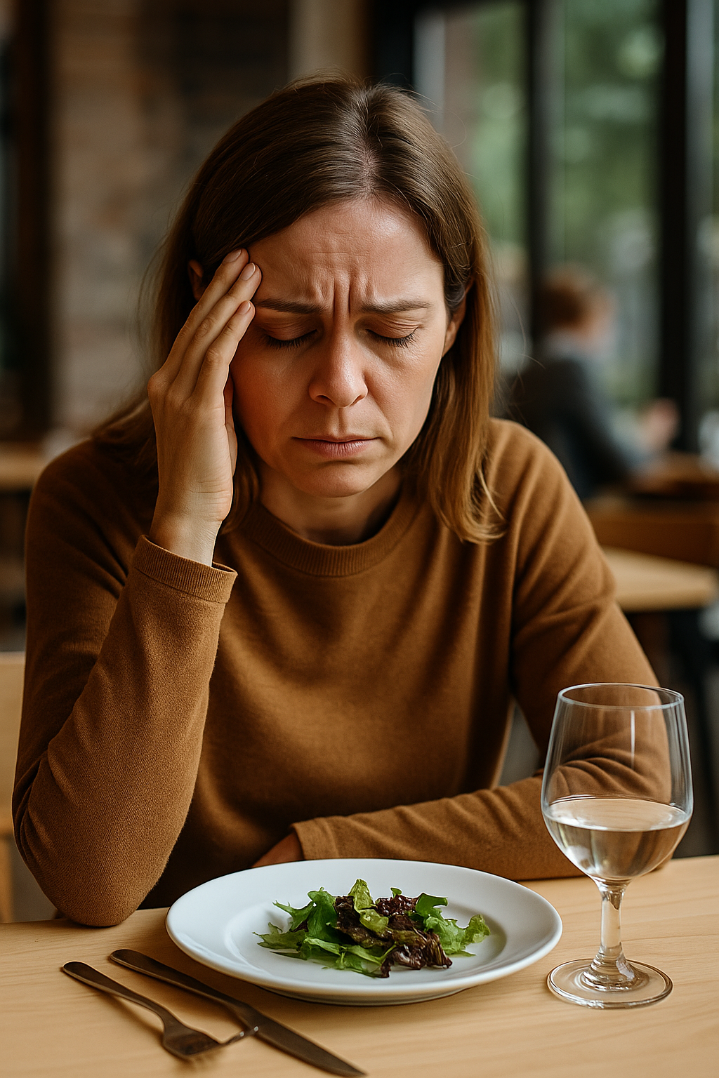 Woman looking concerned with salad and wine on the table.