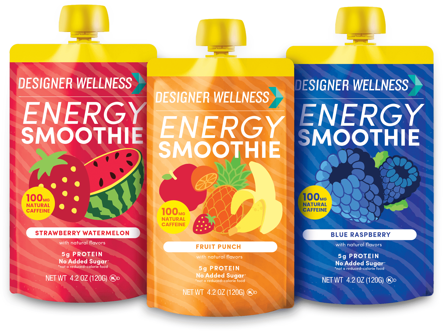 Three Designer Wellness energy smoothie packs in different flavors: strawberry watermelon, fruit punch, blue raspberry.