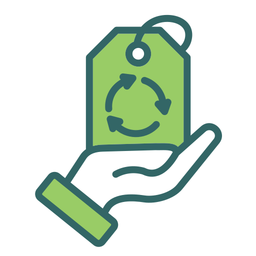 A green tag with a recycling symbol held by a hand.