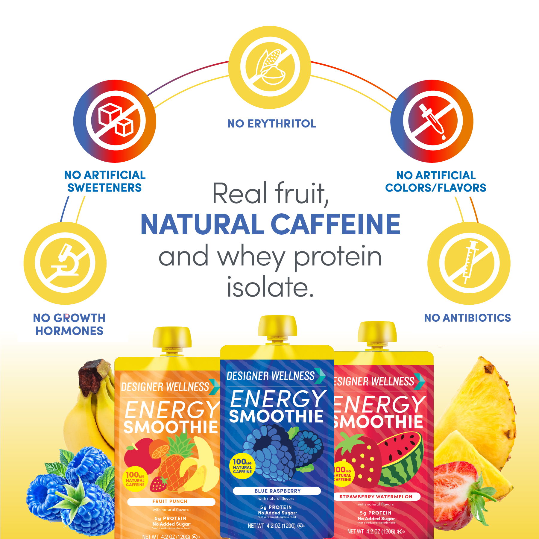Three energy smoothie pouches with natural ingredients and no artificial additives.