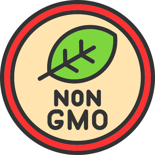 A non-GMO label with a leaf icon inside a circular badge.