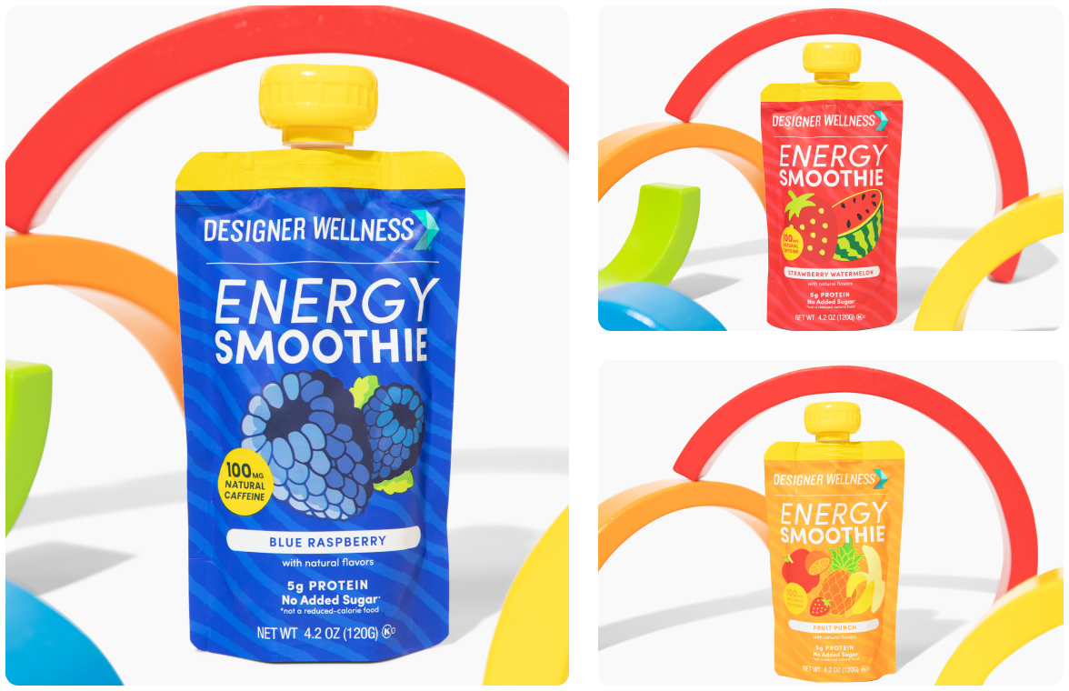 Colorful energy smoothie pouches with decorative loops in the background.
