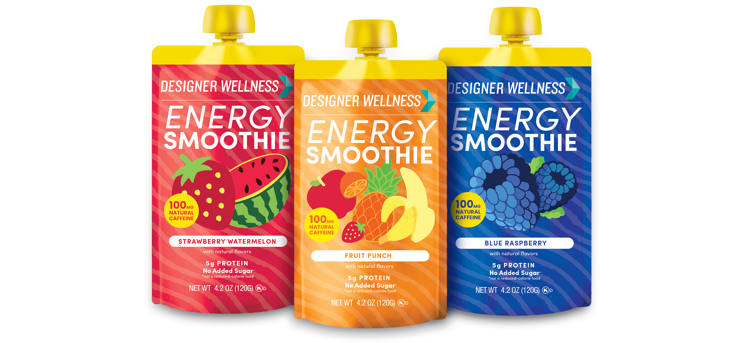 Three Designer Wellness energy smoothie pouches in assorted flavors.