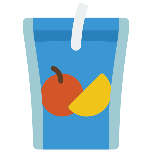 A blue juice pouch with a straw and fruit illustration.