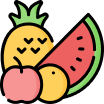 Stylized fruits: pineapple, watermelon, peach, and orange illustrated with bold outlines.