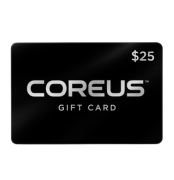 Black gift card with 'COREUS' text and $25 value.