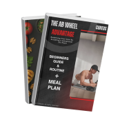 Two books, one showing a person using an ab wheel, the other showing food items.