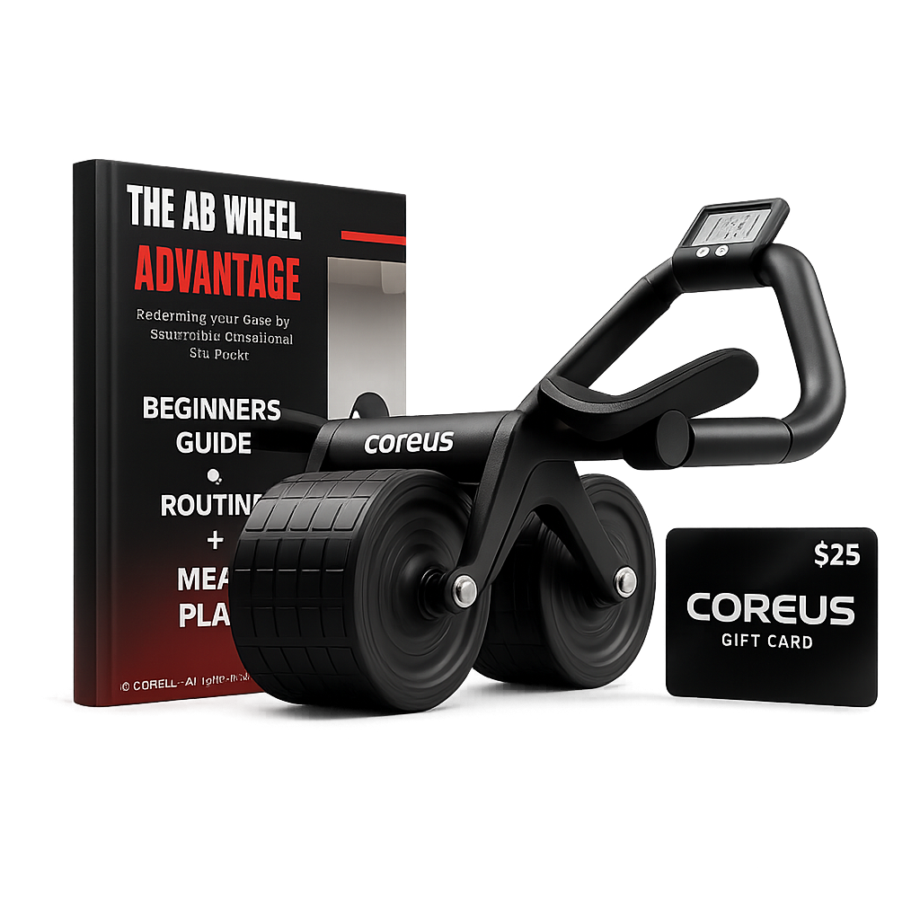 Exercise wheel, guidebook, and gift card on dark background.