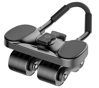 Black adjustable exercise roller with dual wheels and handles.