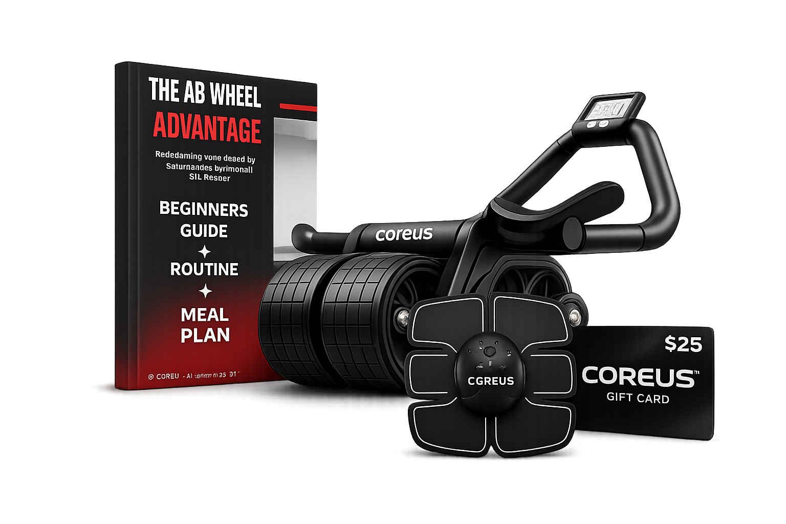 Product bundle with ab wheel, book, EMS device, and $25 gift card.