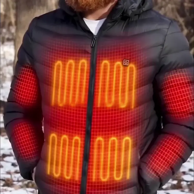 A heated jacket glowing with orange grid patterns outdoors.