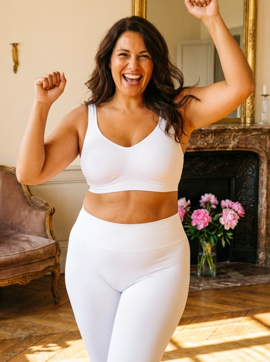 A smiling woman in a white sports bra and leggings raises her arms in a living room.