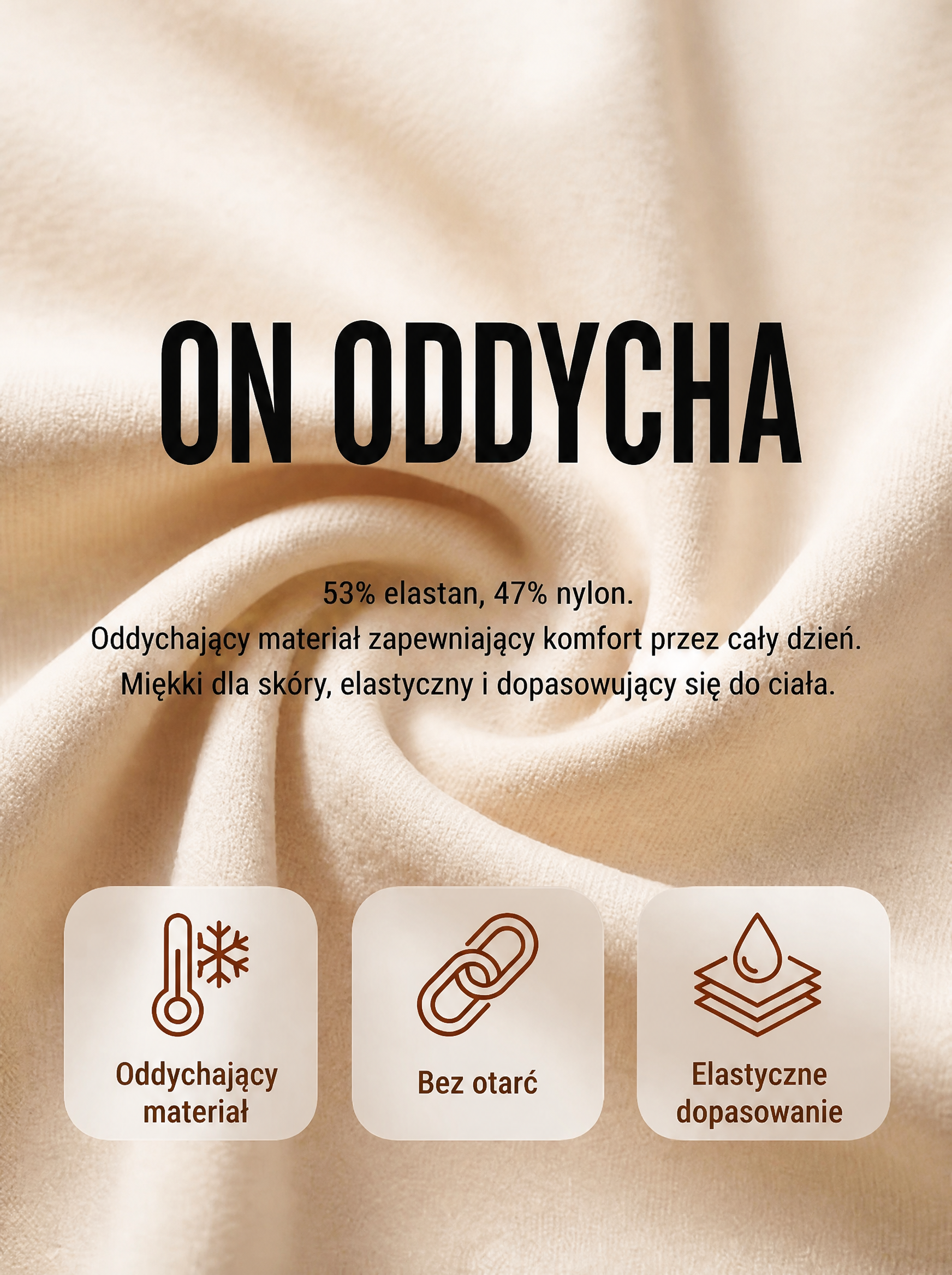 A close-up of cream fabric with Polish text and icons describing its features like breathability and elasticity.