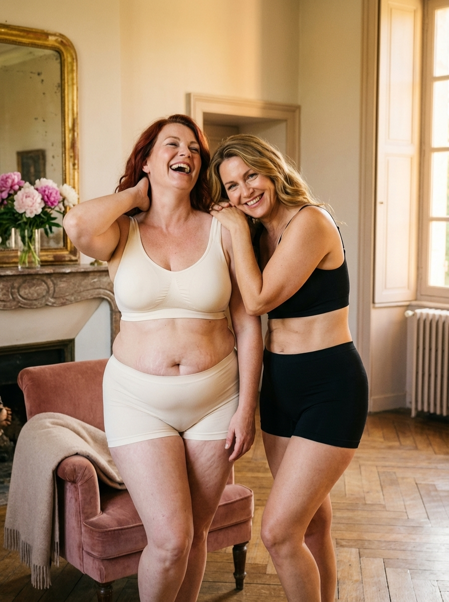 Two women in bra and shorts sets stand together laughing and smiling in a sunlit room.