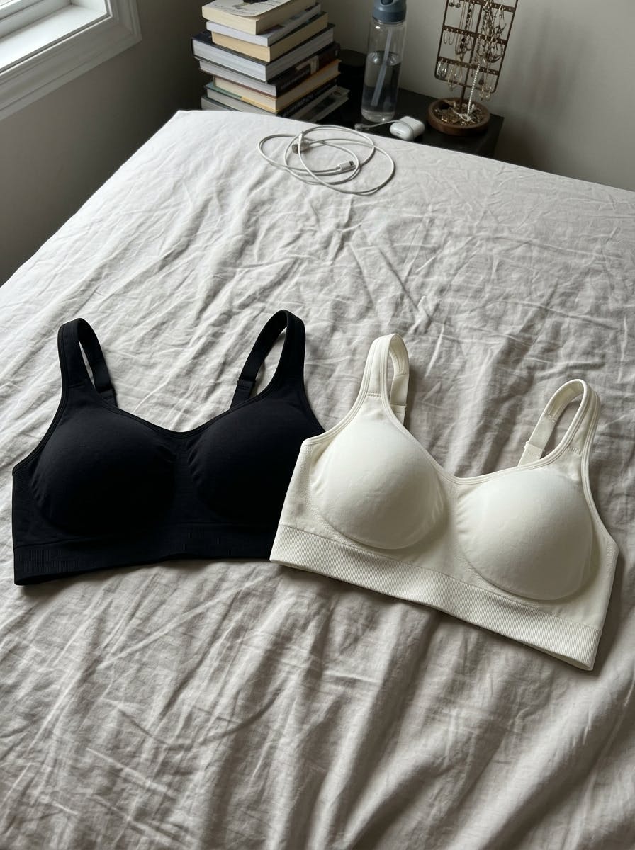 A black bra and a white bra are laid out on a wrinkled gray bedspread.