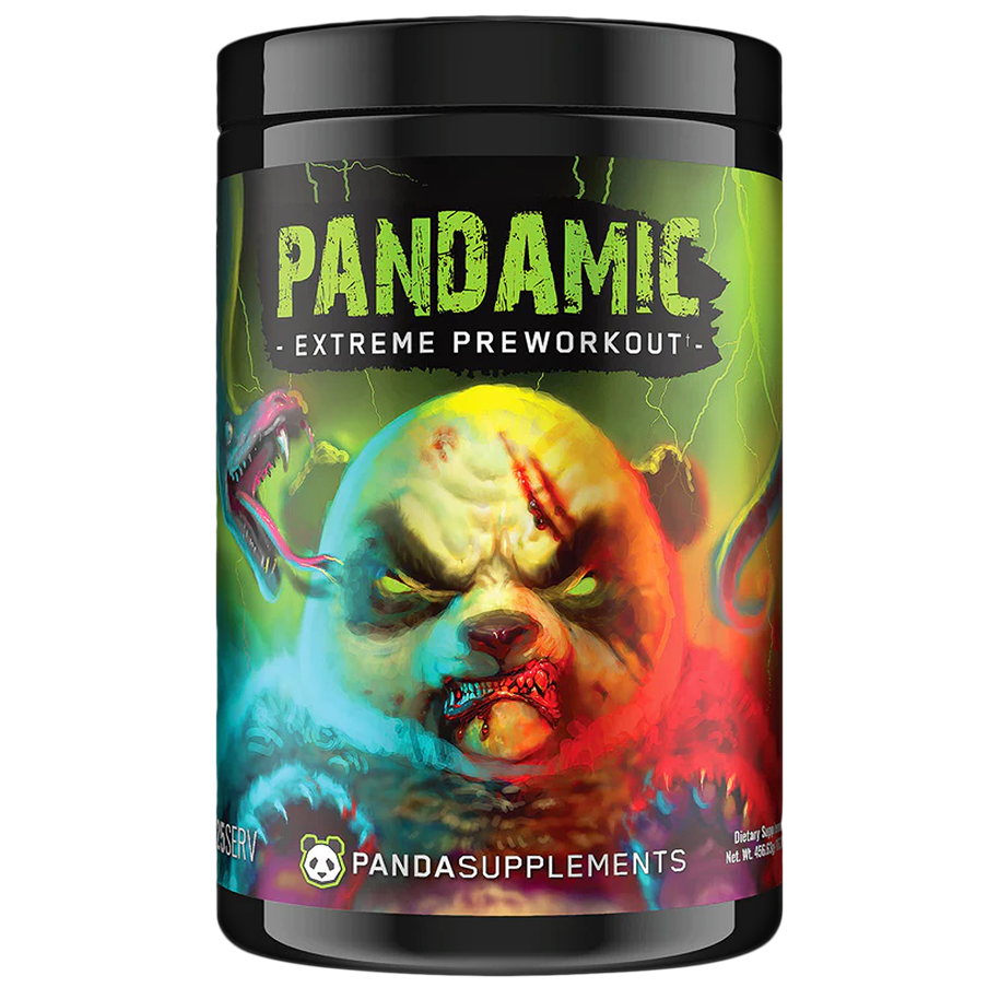 Colorful pre-workout supplement container with a fierce panda illustration.