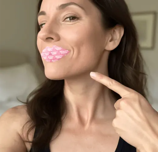 Person with pink lip print on mouth, pointing at it.