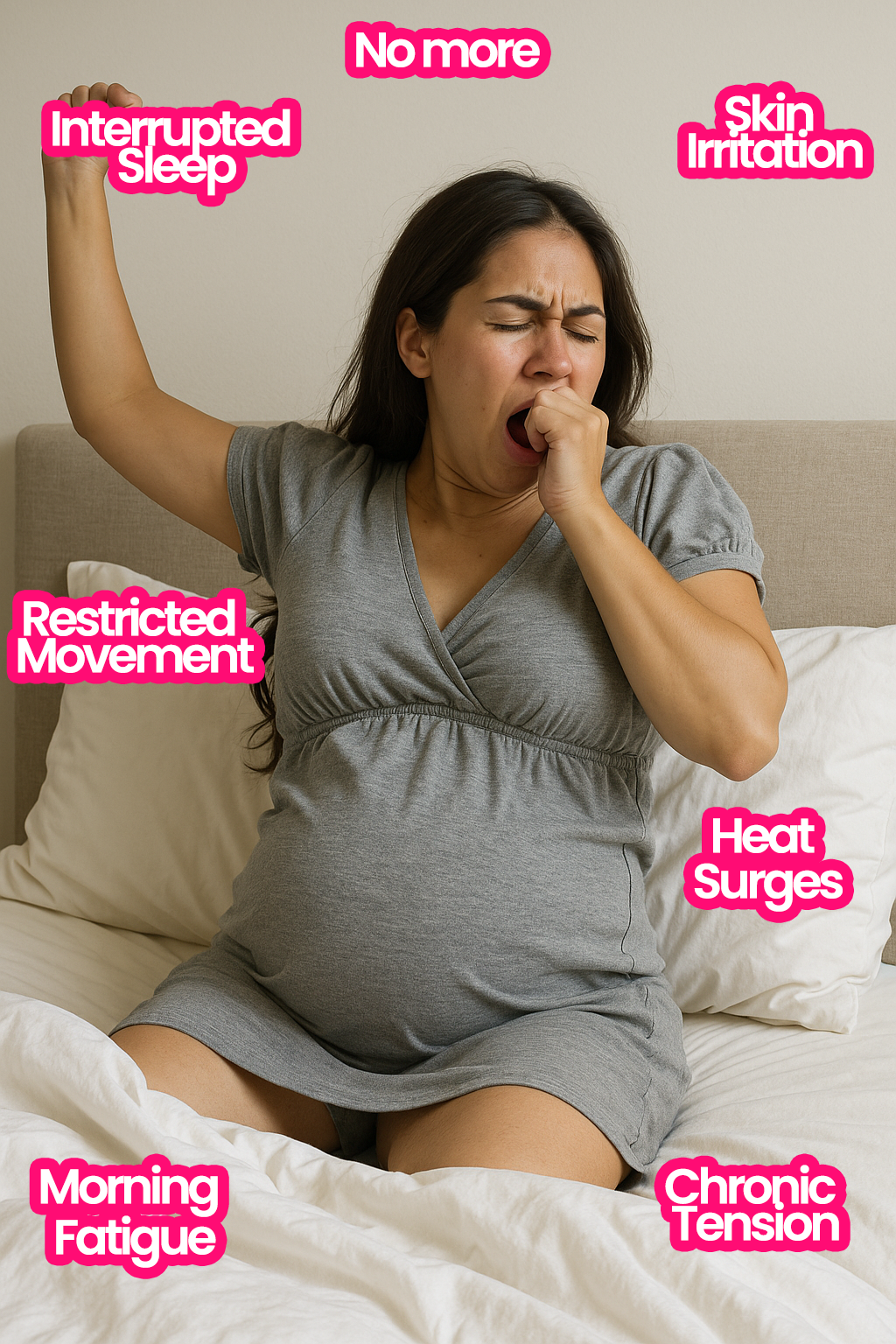 Pregnant woman yawning in bed with text labels around her.